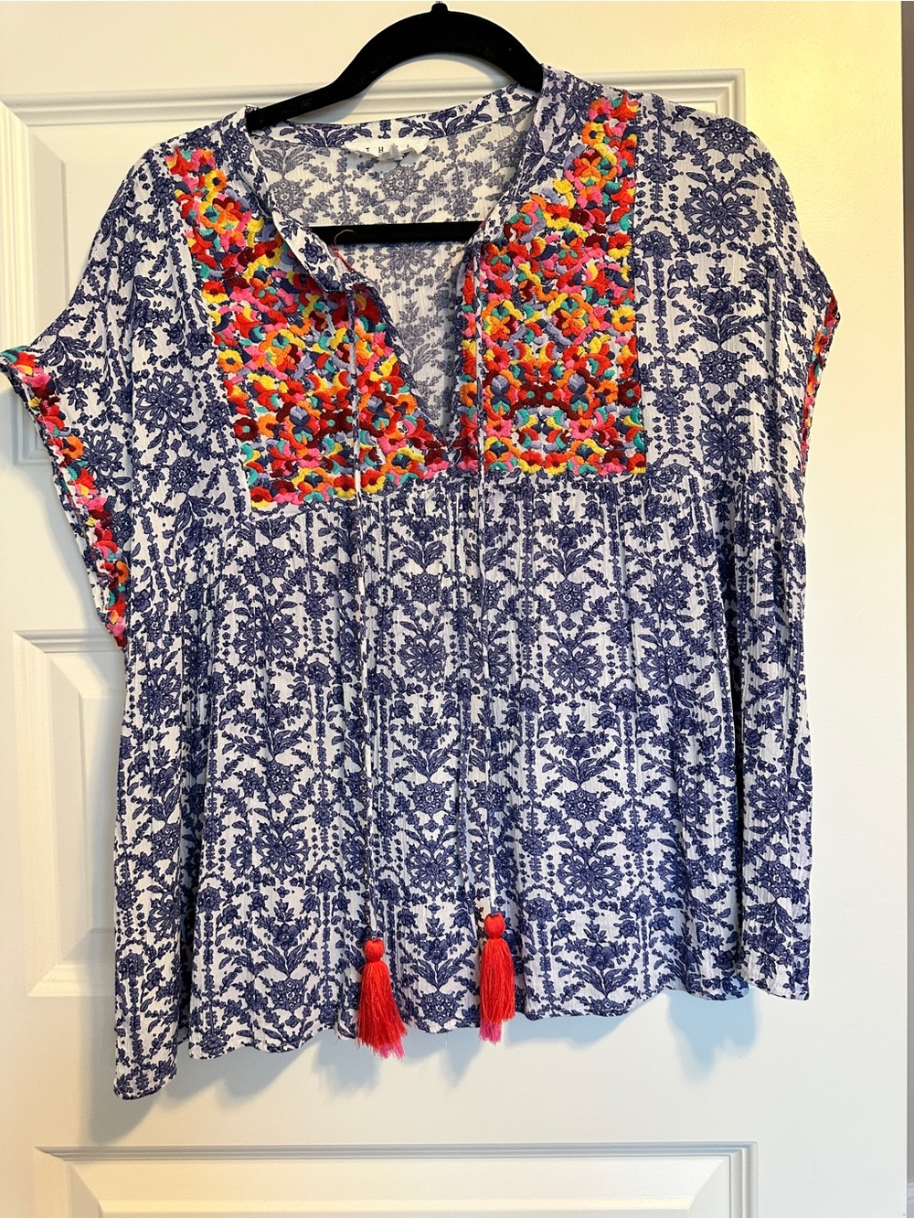 THML Blue Floral Tunic with Multicolor Embroidered Yoke